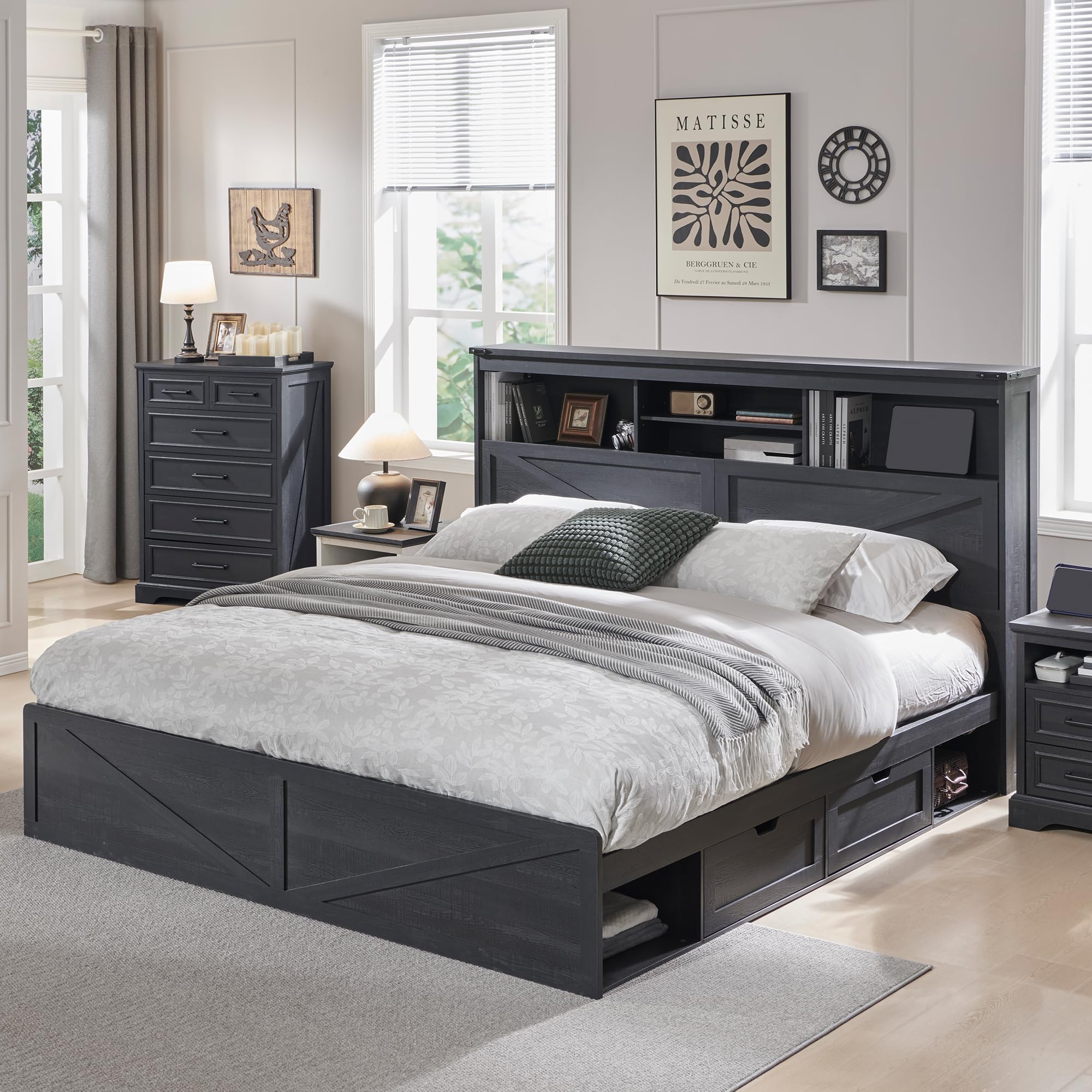 King Size Bed Frame With Storage Drawers - Estrutura de cama estilo rústico, tamanho