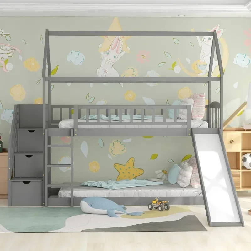 Bunk Bed With Stairs And Slide - Cama de casal infantil em madeira