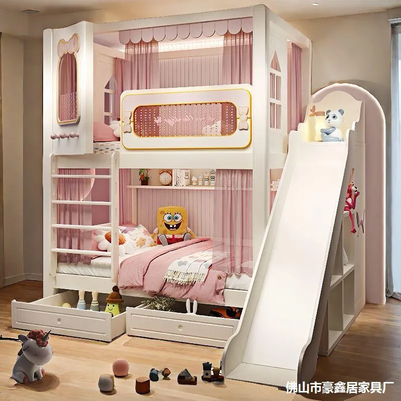 Bunk Bed With Stairs And Slide - Beliche Duplo Sólido com Guarda-corpo de