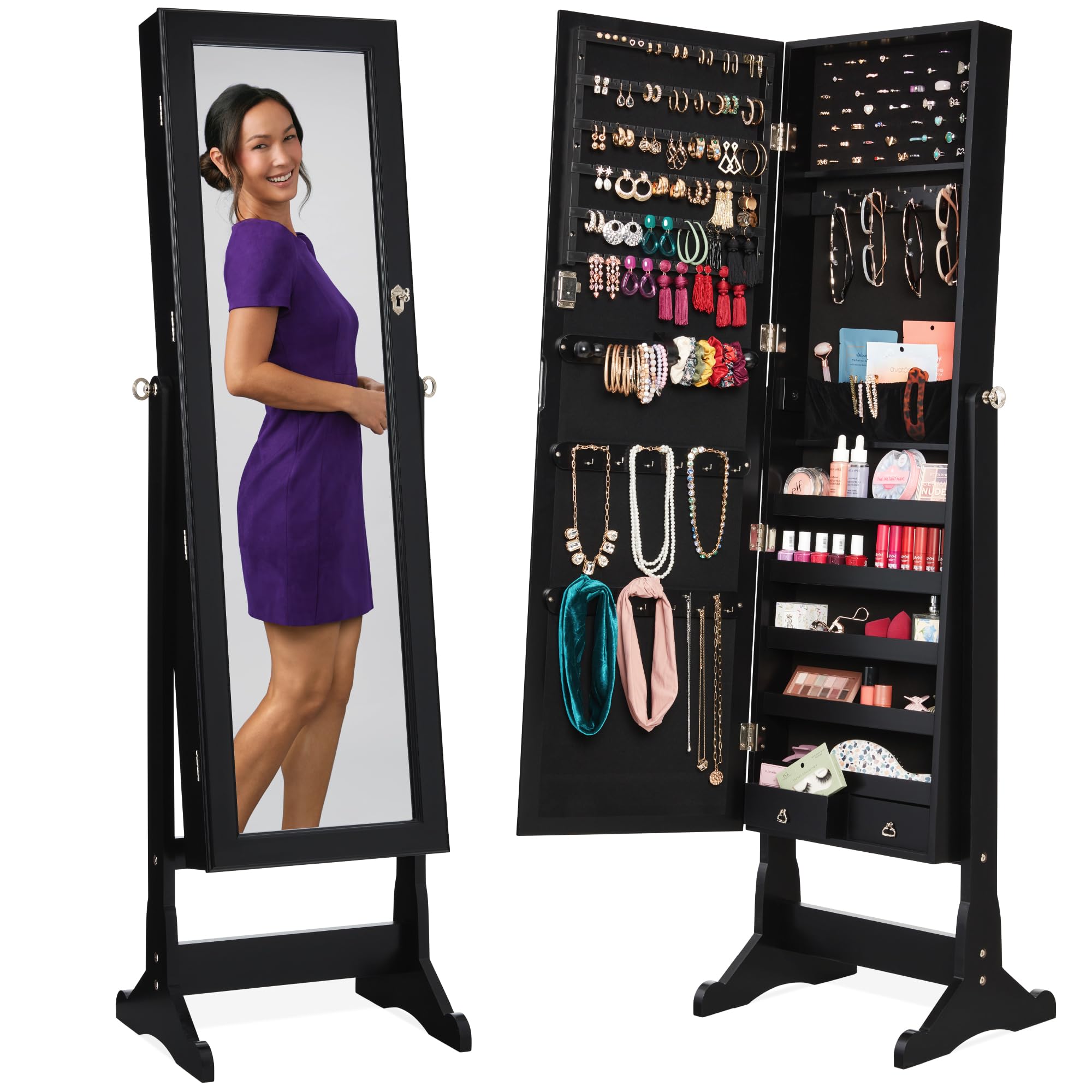 Full Length Mirror Jewelry Armoire - Armário de joias independente, espelho de