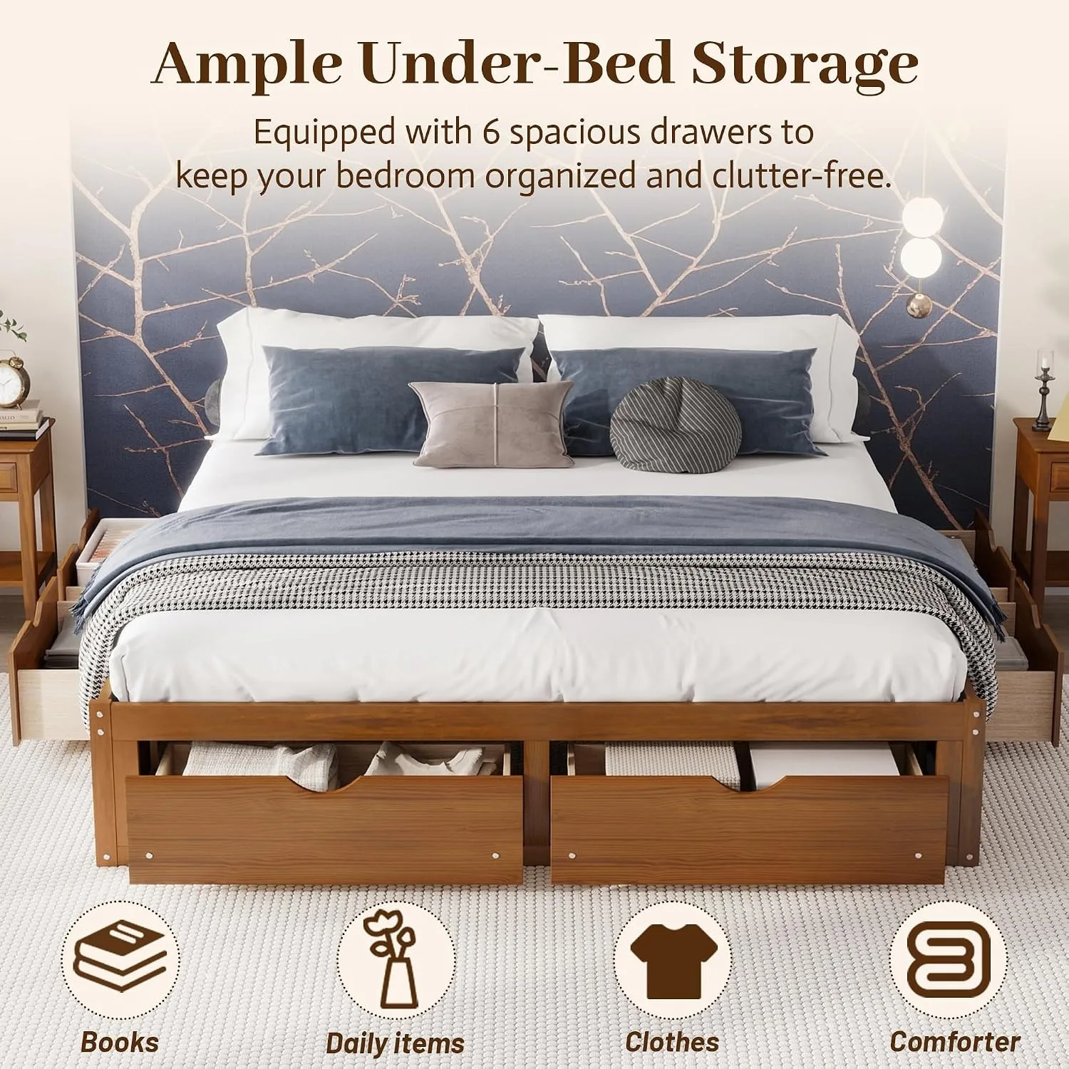 King Size Bed Frame With Storage Drawers - Estrutura de cama de plataforma minimalista