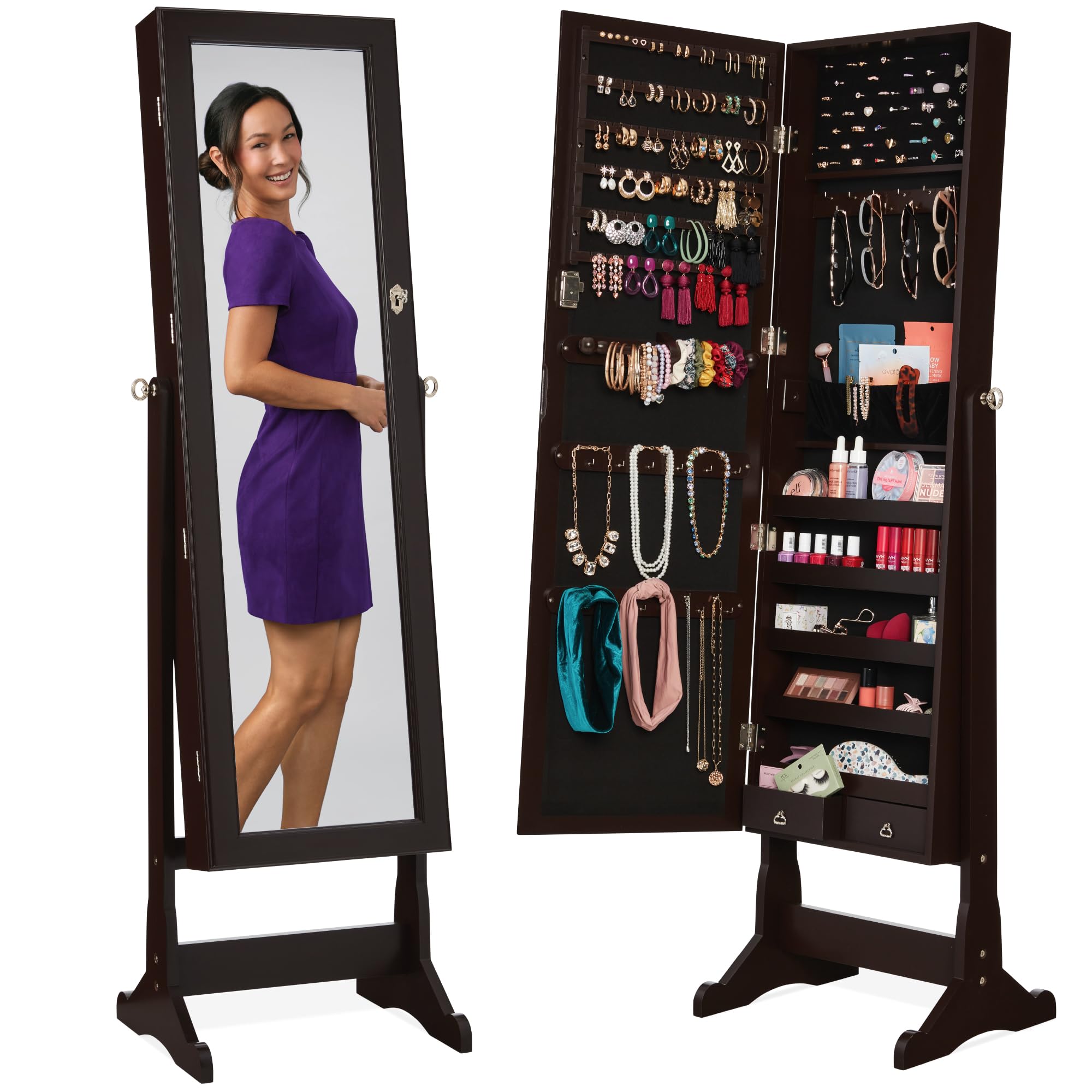 Full Length Mirror Jewelry Armoire - Armário de joias independente, espelho de